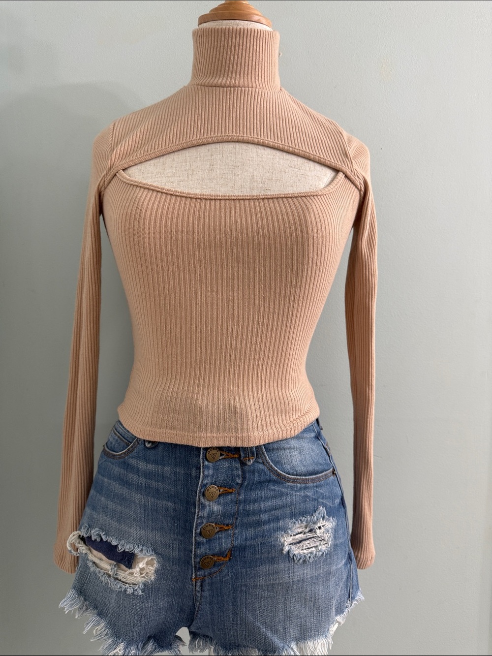 Y2K Nude Beige Cutout Ribbed Top High Neck S